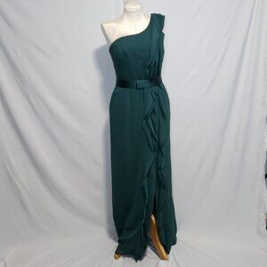 white by Vera Wang Ruffle Asymetrical Forest Green Formal Dress - Size 12